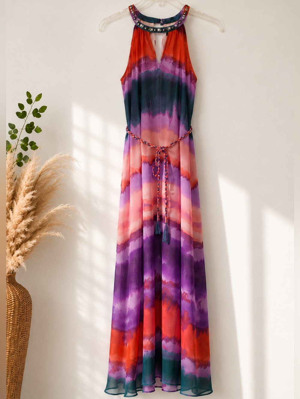 Jessica Simpson Watercolor Halter Maxi Dress | Purple Orange Teal | Size M